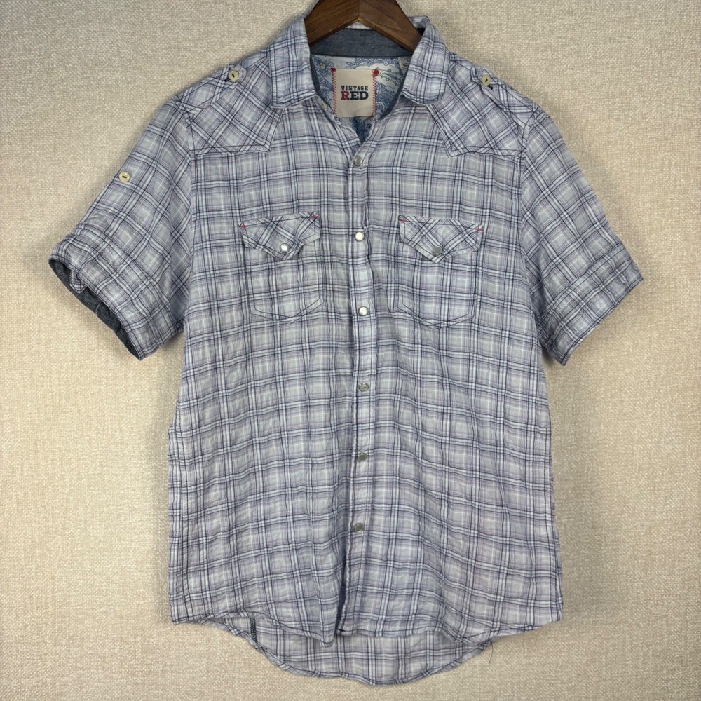 Vintage Red Mens Medium Short Sleeve Plaid Western Snap Button Down Shirt Blue